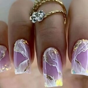 🔥3/$21 Elegant Purple and Gold Press On Nails Art